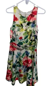 NWT Eliza J Sleeveless Belted Fit & Flare Dress Sz 6 White Green Pink Floral - Picture 1 of 8