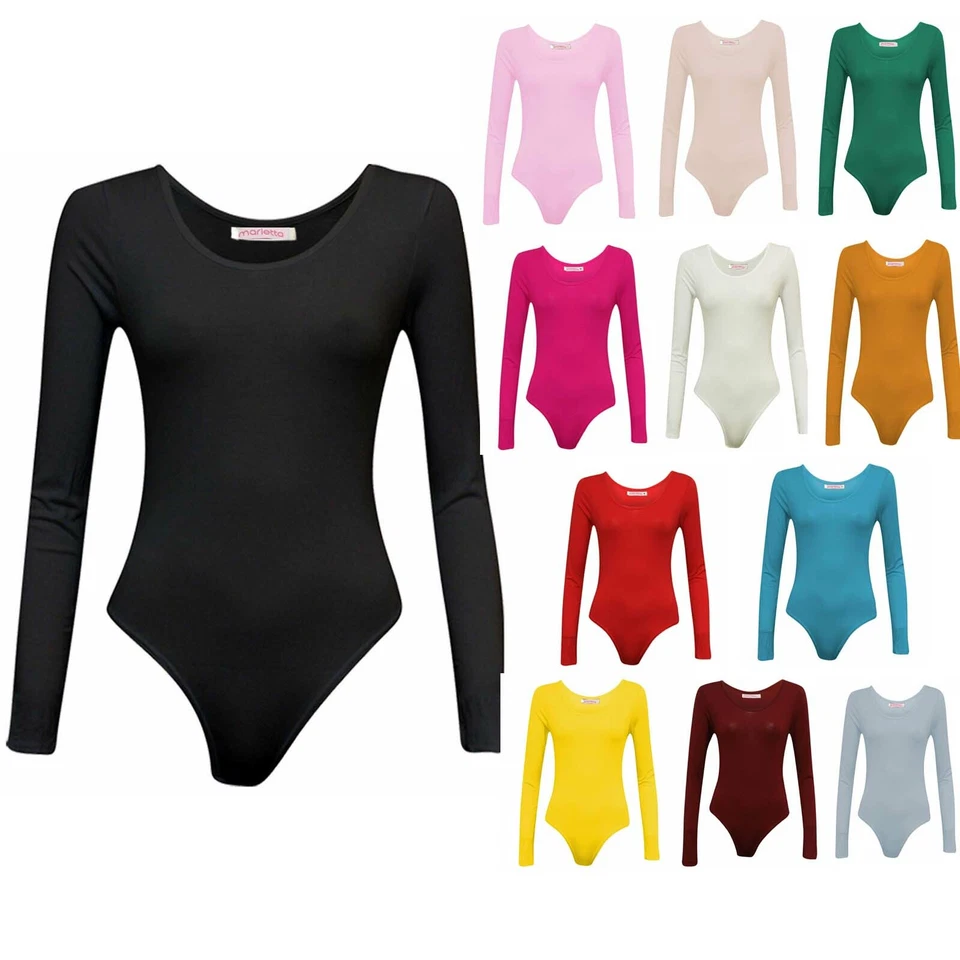 Womens Round Neck Bodysuit Leotard Long Sleeve Top 8-26