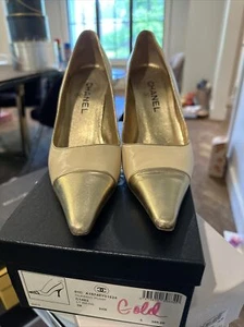Chanel Heel Pump in Beige Gold Size 39 With Box Pointed Toe 3.5” Heel Piping - Picture 1 of 7