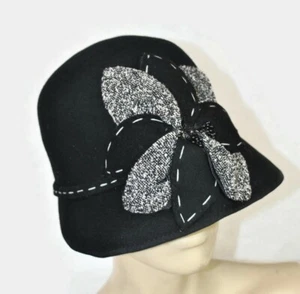 Sombrero Eastex Negro 100% Lana Flor Embellecido Cloche Estilo Aleta - Imagen 1 de 15