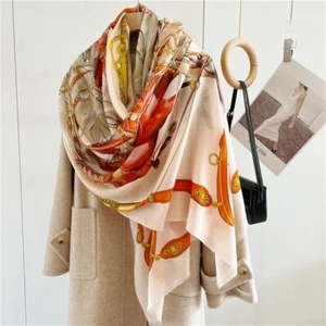 Pure 200s Cashmere Scarf Wrap Shawl Horses Print Thin Soft 78"*39" Orange - Picture 1 of 9