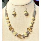 Modern True Silver Tone Faux Pearls Crystal Chain Necklace Estate Earring Set N