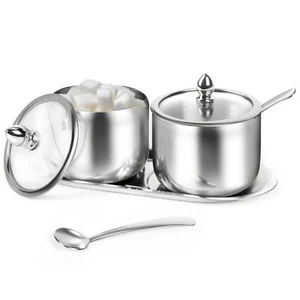 2 Pcs Stainless Steel Sugar Bowl with Tray - Container Glass Lid and Spoon - Picture 1 of 7