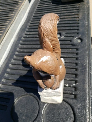 Cute Vtg Cement Squirrel With Nuts On Rock 12" Tall Crack Around Neck Bushy Tail Cover