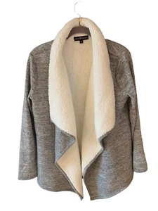 Almost Famous Women’s Medium Open Front Fleece Cardigan Sherpa Lined Grey Cream - Picture 1 of 9