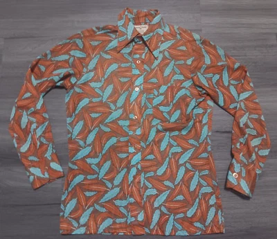 Vintage 1970's Male Duds Men's Orange & Teal Leaves Long Sleeve Shirt Size Small - Image 1 of 4