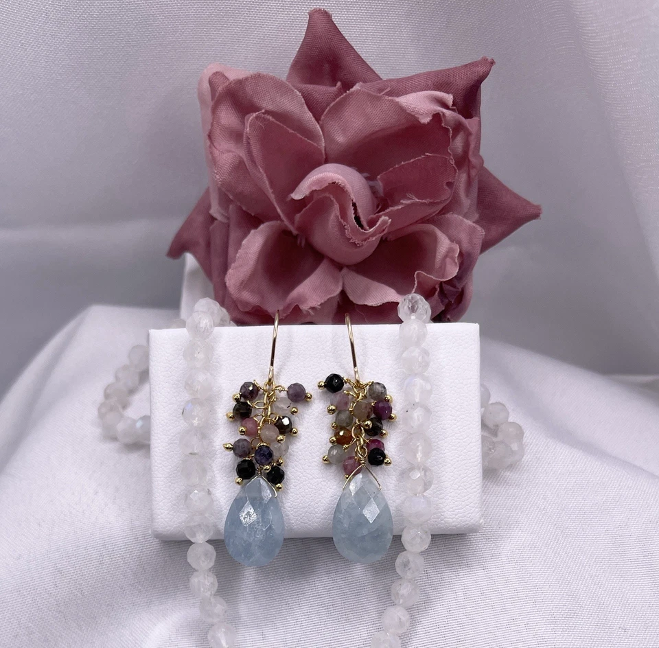 Aquamarine Tourmaline Earrings Natural Briolette 14K Gold Filled Handmade Drop - Image 1 of 4