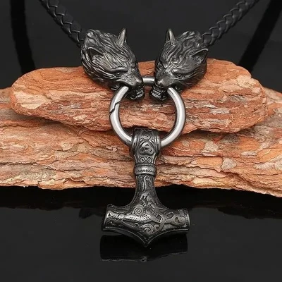 Men Norse Viking Thor hammer Mjolni Pendant Pu Leather Chain Wolf Necklace - Image 1 of 4