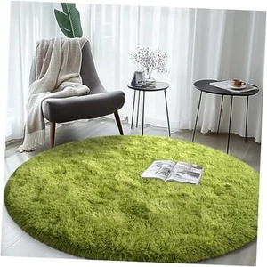 Grass Green Round Fuzzy Plush Rug for Bedroom, Non-Slip Shaggy Round - Picture 1 of 7