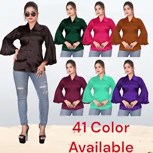 Top corto satinado con botones cuello en V para mujer/niña ropa de oficina SP4 - Imagen 1 de 250