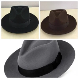 Neu Britisch Herren Fedora Rohkante Krempe Satin gefüttert 100 % Wolle Filz Hut Große Größe  - Bild 1 von 13