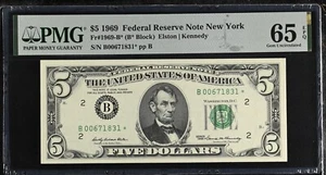 1969 $5 Federal Reserve Note Fr-1969-B* New York PMG65 Gem EPQ - Picture 1 of 2