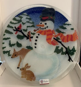 Peggy Karr signierter Schmelzglas 11" Teller Schneemann & Freunde Kardinal Hase Hirsch - Bild 1 von 3