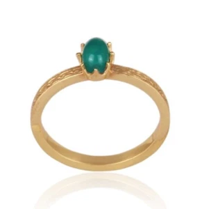 Gold Plated Prong Setting Rings Green Onyx Gemstone Engraved Band Brass Rings - Picture 1 of 4