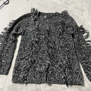 VOLCOM Fringed Sweater Large Marled Soft Pullover Crew Black White Fringe - Picture 1 of 9