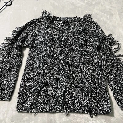 VOLCOM Fringed Sweater Large Marled Soft Pullover Crew Black White Fringe - Image 1 of 4