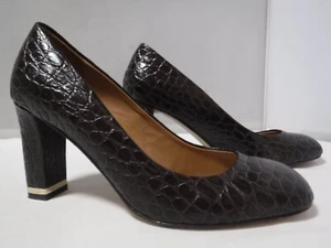 PF2 Women's TALBOTS Brown Croc Embossed Leather Square Toe Chunky Heel Pumps 8.5 - Picture 1 of 13