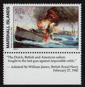MARSHALL ISLANDS, SCOTT # 300, WITH TAB BATTLE OF JAVA SEA 1942, WORLD WAR II - Picture 1 of 3