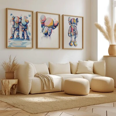 Conjunto de 3 carteles Hypebeast Kaws tonos pastel arte pared póster impresiones A4 A3 A2 Foto 1 de 4