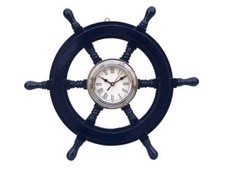 Ships Steering Wheel Blue 18" w/ Chrome Clock Wooden Nautical Hanging Wall Decor