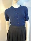 Vintage 60S Ribbed Navy Blue Short Sleeved Faux Button Front Sweater Top S/M