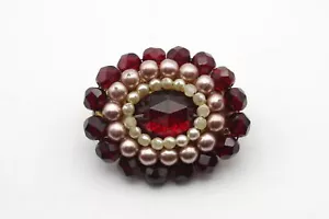 Brooch Pin Oval Burgundy Rhinestone Pink Beads White Pearls Vintage Jewelry USSR - Picture 1 of 12