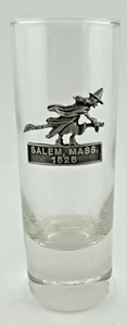 Salem Massachusetts Shot Glass Pewter Embossed Witch Riding Broomstick 4.25 in - Picture 1 of 4