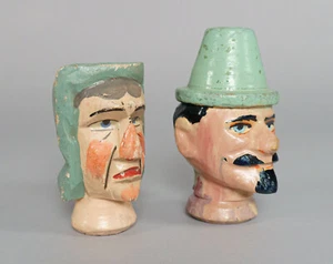 Paar antike geschnitzte/bemalte Holzpunsch & Judy Puppenköpfe inkl. Mr Scaramouche - Bild 1 von 4