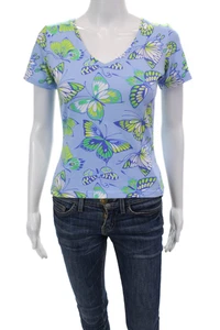 Manuel Canovas Womens Short Sleeve V Neck Butterfly Shirt Blue Green Size 3 - Picture 1 of 5
