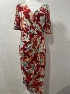Maggy London Wickelkleid Größe 10 Damen rot weiß Foral Strick Belle Ärmel - Bild 1 von 17