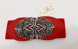 NEW Grace Karin Women's Stretch Belt Red Retro Metal Flower Buckle Boho Preppy - Picture 1 of 5