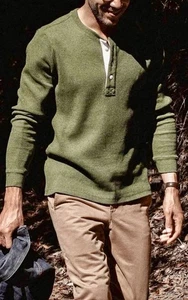 Taylor Stitch Sz38 Heavy Bag Waffle Henley Olive Green Long Sleeve Shirt - Picture 1 of 9