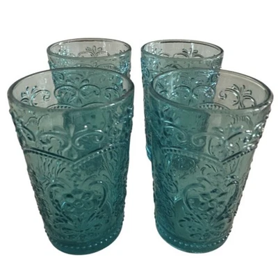 Vasos de vidrio verde azulado The Pioneer Woman Amelia 5 3/8" diseño en relieve - Juego de 4 Foto 1 de 4