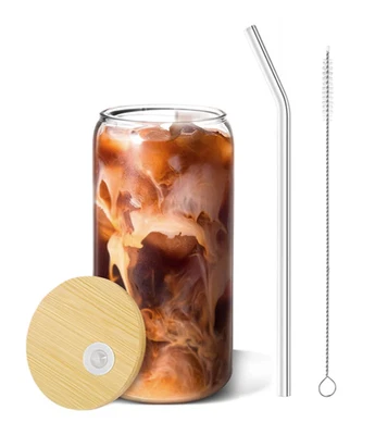 16oz Can-Shaped Glass Cup Set w/ Bamboo Lid & Straw – Coffee & Cocktail - NEW - Image 1 of 4