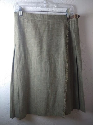 Lauren Ralph Lauren Sz 10 100% Wool Tan Glen Plaid Kilt Wrap Skirt Pleated Back - Image 1 of 4