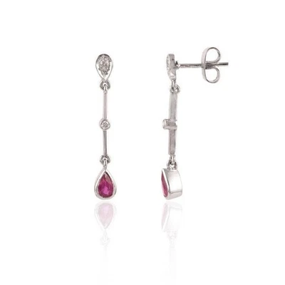 Natural Ruby and Diamonds Solid 14K Gold Dainty Teardrop Statement Earrings O533 - Image 1 of 4