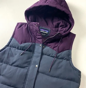 Patagonia Bivy Hooded Down Vest Womens Large Gray Purple Full Zip Insulated - Picture 1 of 13