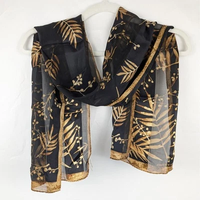 De Colección 100% Seda Negro Hoja Dorada Estampado Botánico Bufanda Bolso Envoltura Grunge Indie Y2K Foto 1 de 4