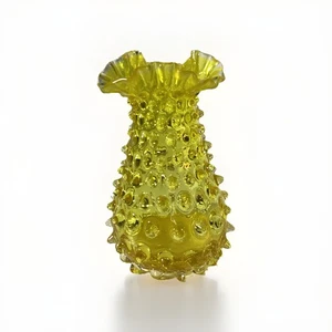 VTG Canary Yellow Hobnail Tulip Ruffled Edge Glass Vase 5.5” glows - Picture 1 of 13