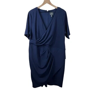 Adrianna Papell Womens Navy Blue Rio Knit Draped V Neck Sheath Dress 20W - Picture 1 of 4