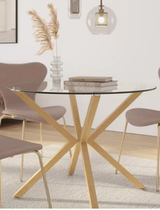 Tavolo rotondo 90 cm piano in vetro temperato con gambe acciaio effetto legno - Foto 1 di 7