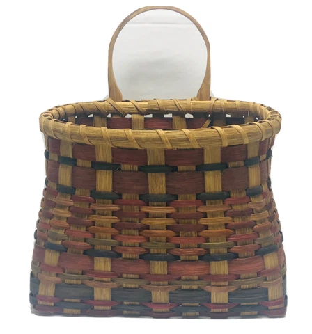 Vintage (?) Woven Flat Back Wall Basket Hanging Handmade Rustic Red Green 12” Cover