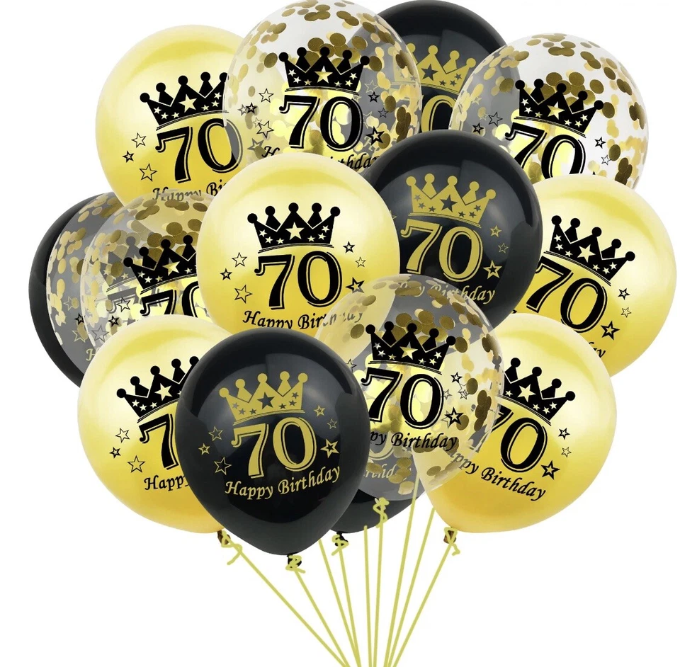 70th Happy Birthday Balloons 15 Pcs Black Gold Decorations Photo Backdrop Props