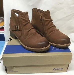 NIB Clarks Collection Women's Leather Ankle Boots HEARTH CLARA TAN 9 WIDE - Picture 1 of 11