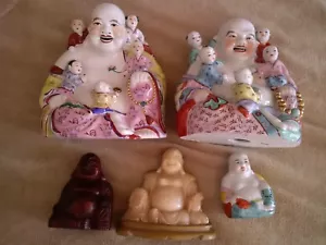 Vintage Buddhas Set of 5, 1 Nice White Soapstone, 2 Large Porcelain, 1 Small - Picture 1 of 5