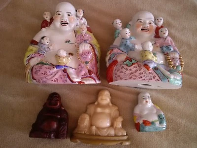 Vintage Buddhas Set of 5, 1 Nice White Soapstone, 2 Large Porcelain, 1 Small - Image 1 of 4