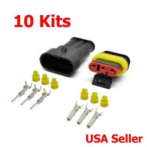 10 Kit 3 Pin Way Sealed Waterproof Electrical Wire Connector Plug Terminal Set - Picture 1 of 1