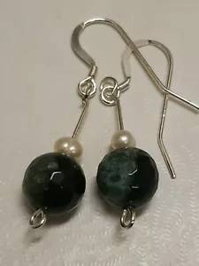 US Genuine Sterling Silver Moss Green Tourmaline Stone Pearl Earrings. Beautiful - Picture 1 of 11