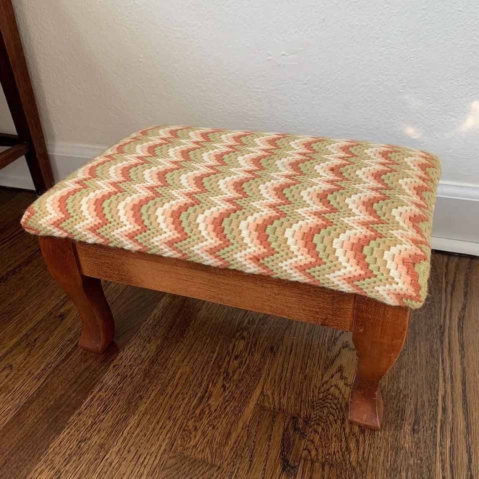 Vintage MCM Orange & Green Flame Stitch Needlepoint Wooden Foot Stool Foot Rest - Image 1 of 4