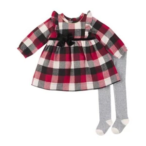 Mud Pie Kids Red White Black Buffalo Check Christmas Dress and Tight Set - Picture 1 of 1